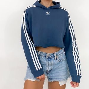 Adidas 3 Stripe Cropped Hoodie Blue